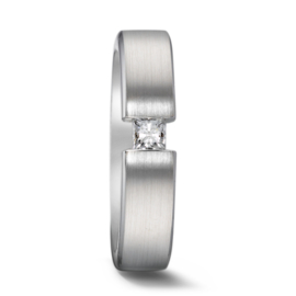 Robuuste Vlakke Dames Trouwring van Mat Witgoud met Kleurloze Diamant