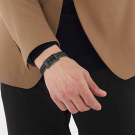 BOSS GALEN Lederen Armband Zwart 19 cm | Graveren Mogelijk!