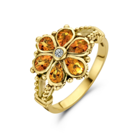 Gouden Vintage Ring met Citrien en Diamant 0.04ct h si