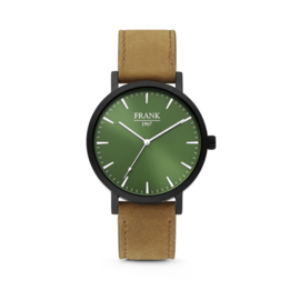 Zwart Horloge van Frank 1967 met Groene Wijzerplaat en Bruine Horlogeband