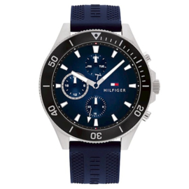 Tommy Hilfiger Zilverkleurig Heren Horloge met Blauwe Siliconen Band