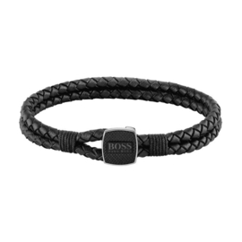 BOSS SEAL Dubbele Gevlochten Zwart Lederen Armband 19 cm