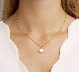 Zilveren Collier met Goudkleurige Coating en Witte Agaat Edelsteen