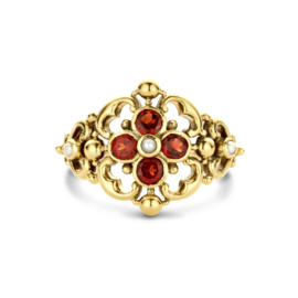 Gouden Vintage Ring met Filigrain Bloemen, Parel en Granaat 0.12ct h si