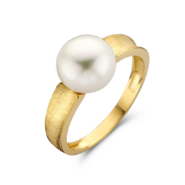 14K Geelgouden Ring met Witte Zoetwaterparel 9 mm