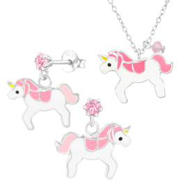 Zilveren Unicorn Oorbellen en Ketting Set voor Kids