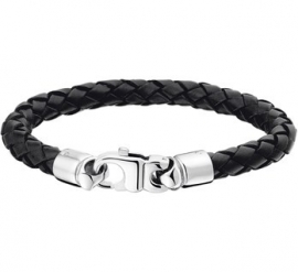 Armband van Gevlochten Zwart Leer met Karabijnsluiting | Lengte 21 cm