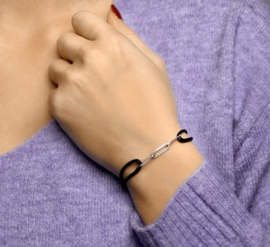 Zwart Gevlochten Armband met Zilveren Schakels