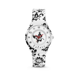 Wit Kids Horloge met Zwarte Bloemen van Colori Junior