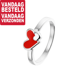 Zilveren Ring met Rood Emaille Hart met Kleiner Hart / Maat 14