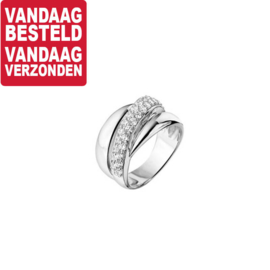 Compacte Bolle Zilveren Ring met Rhodium en Zirkonia’s / Maat 19,7