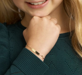 Geelgouden Schakelarmband met Roze Hart Bedel en Graveerplaatje