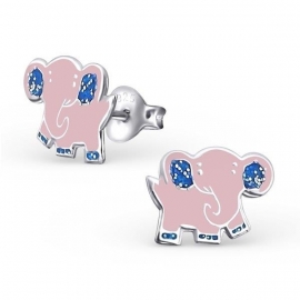 Roze olifant oorbellen met blauwe glitters op de poten en de oren