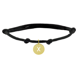 Zwarte Knooparmband met 14K Gouden Ronde Letter Hanger X