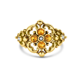 Gouden Vintage Ring met Filigrain Bloemen, Parel en Citrien