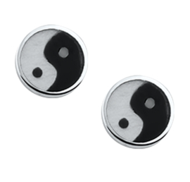 Yin Yang Oorknoppen van Gepolijst Zilver met Zwarte Emaille