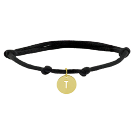 Zwarte Knooparmband met 14K Gouden Ronde Letter Hanger T