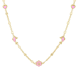 Geelgouden Collier met Diverse Roze Bedels