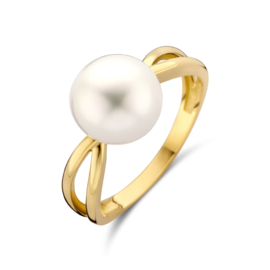 14K Geelgouden Ring met Witte Zoetwaterparel