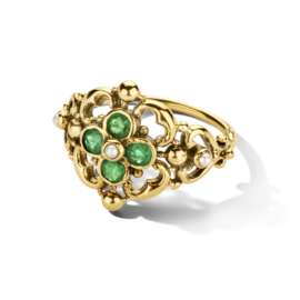 Gouden Vintage Ring met Filigrain Bloemen, Parel en Smaragd 0.12ct h si