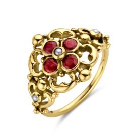 Gouden Vintage Ring met Filigrain Bloemen, Parel en Robijn