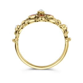 Gouden Vintage Ring met Filigrain Bloemen, Parel en Granaat 0.12ct h si