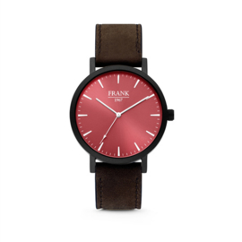 Zwart Horloge van Frank 1967 met Rode Wijzerplaat en Donkerbruine Horlogeband