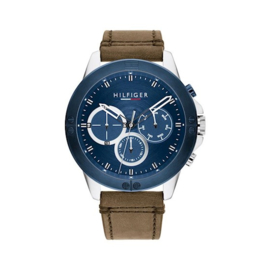 Tommy Hilfiger Heren Horloge met Blauwe Bezel en Bruin Leer