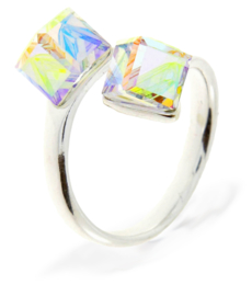 Zilveren Ring met Dubbele Glaskristallen Kubus van Spark