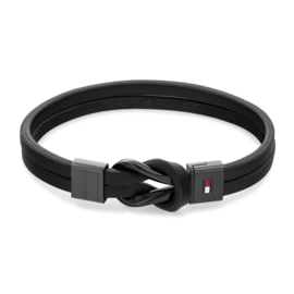 Tommy Hilfiger Dubbele Zwarte Plat Leren Heren Armband TJ2790442