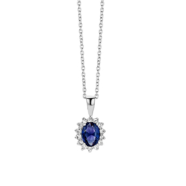 New Bling Zilveren Collier met Zirkonia Zon Hanger en Blauwe Zirkonia