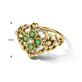 Gouden Vintage Ring met Filigrain Bloemen, Parel en Smaragd 0.12ct h si