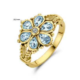 Gouden Vintage Ring met Blauw Topaas en Diamant 0.04ct h si