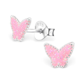 Zilveren Kinderoorbellen Vlinder met Roze Glitters