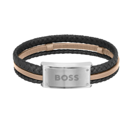 BOSS GALEN Lederen Armband Zwart met Bruin 19 cm | Graveren Mogelijk!