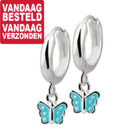 Vlinder Hanger Klapcreolen van Zilver met Aqua Blauw Emaille