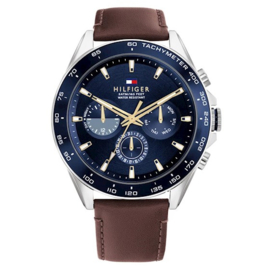 Tommy Hilfiger Zilverkeurig Heren Horloge met Bruine Lederen Band