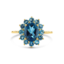Gouden Ring Blauw Topaas met London Blue Topaas Halo