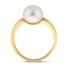 14K Geelgouden Ring met Witte Zoetwaterparel 9 mm