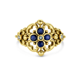 Gouden Vintage Ring met Filigrain Bloemen, Parel en Saffier