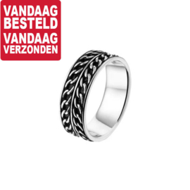 Geoxideerd Zilveren Graveer Ring met Zilveren Randen en Zilveren Lijntjes / maat 20,5