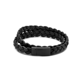 Zwart Lederen Armband met Edelstaal 21cm