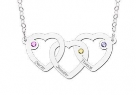 Names4ever Drie Harten met Geboortesteen Naamketting van Zilver