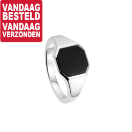 Slanke Zilveren Zegelring met Zwarte Onyx Steen / Maat 19