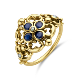 Gouden Vintage Ring met Filigrain Bloemen, Parel en Saffier