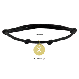 Zwarte Knooparmband met 14K Gouden Ronde Letter Hanger X