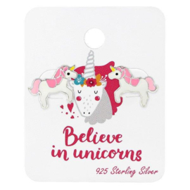 Roze Eenhoorn Oorknoppen op Kaart "Believe in unicorn"