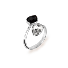 Zilveren Pear Drop Ring met Zwart en Wit Glaskristal