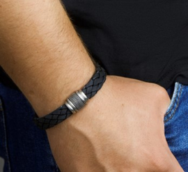 Zwarte Armband van Gevlochten Leder met Stalen Sluiting