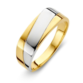 Excellent Jewelry Geelgouden Dames Ring met Diagonale Witgouden Strook